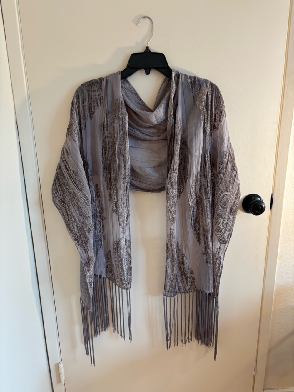 Sheer Paisley Fringe Shawl Scarf - Silver Gray